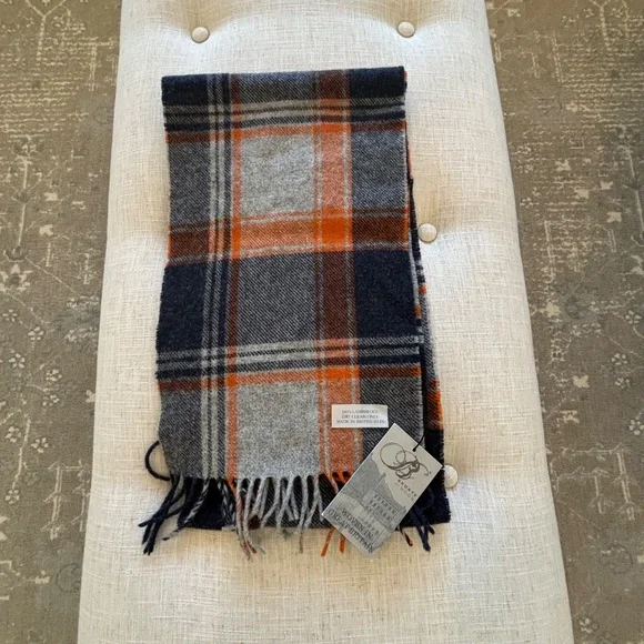 NWT Bronte by Moon Scarf Merino Lambswool navy, orange, and grey plaid patt - Picture 5 of 6